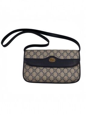 Vintage Gucci GG Monogram Shoulder Bag Navy Leather Trim | Unused 1970s